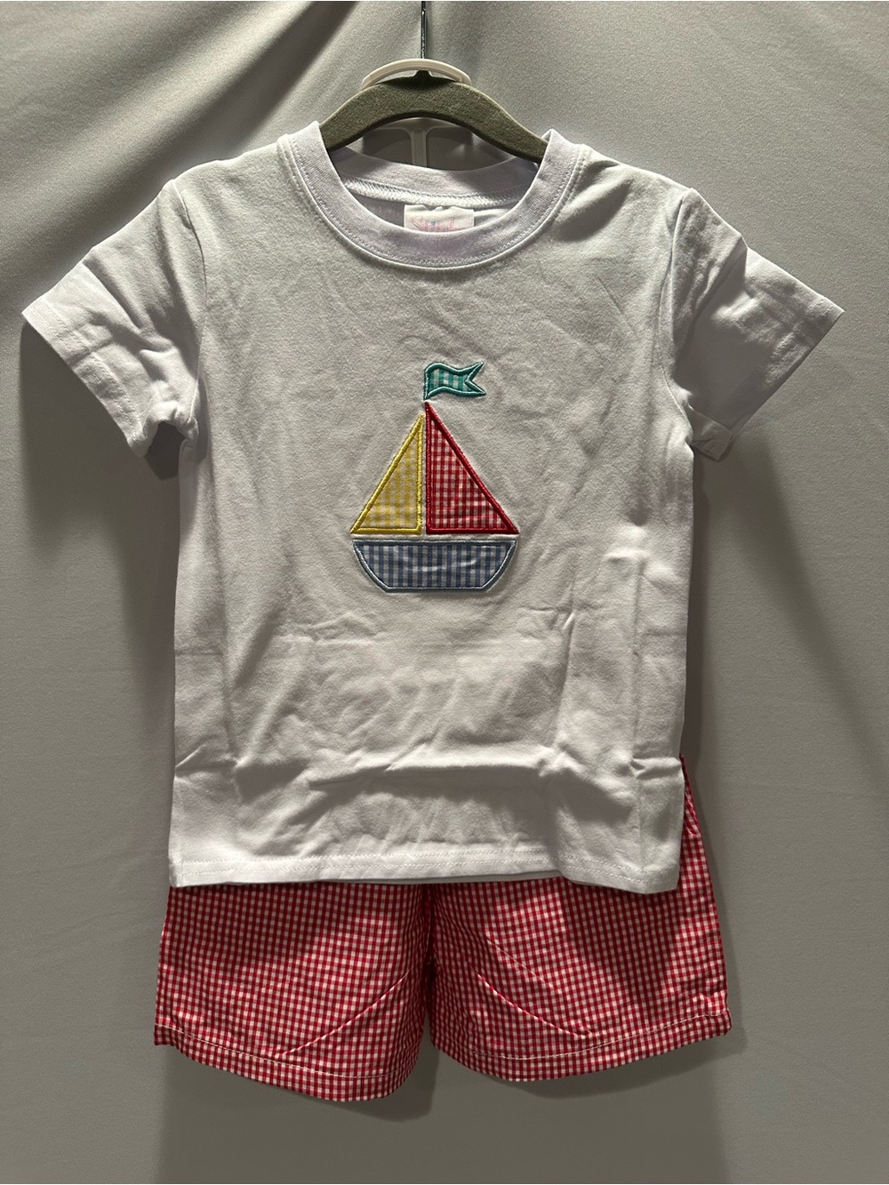 Kids White Sailboat Tee with Red Gingham Shorts